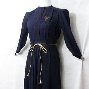 Vintage 40's Navy Blue Crepe Dress w/Embroider Pocket & Gold Cord Belt SZ XS EUC